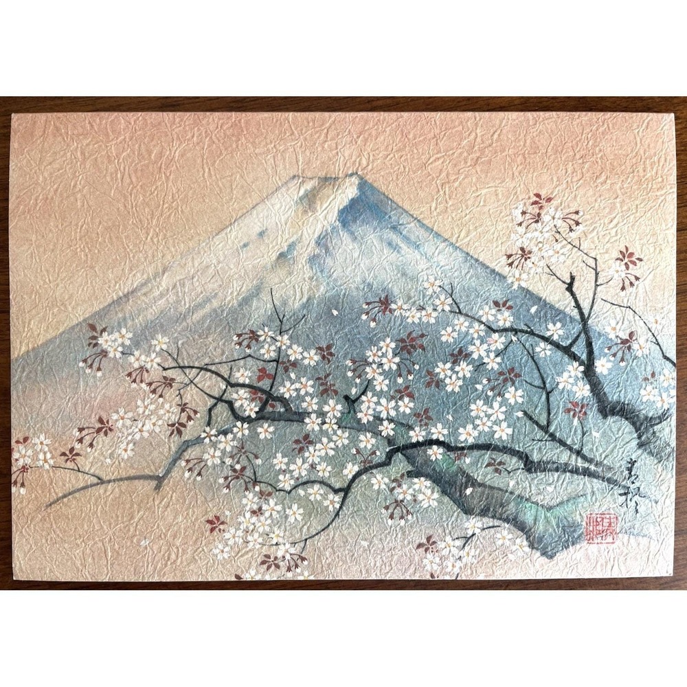 Unused Vintage Greeting Card Fuji Mountain Cherry in Blossom Fukui Asahido Japan